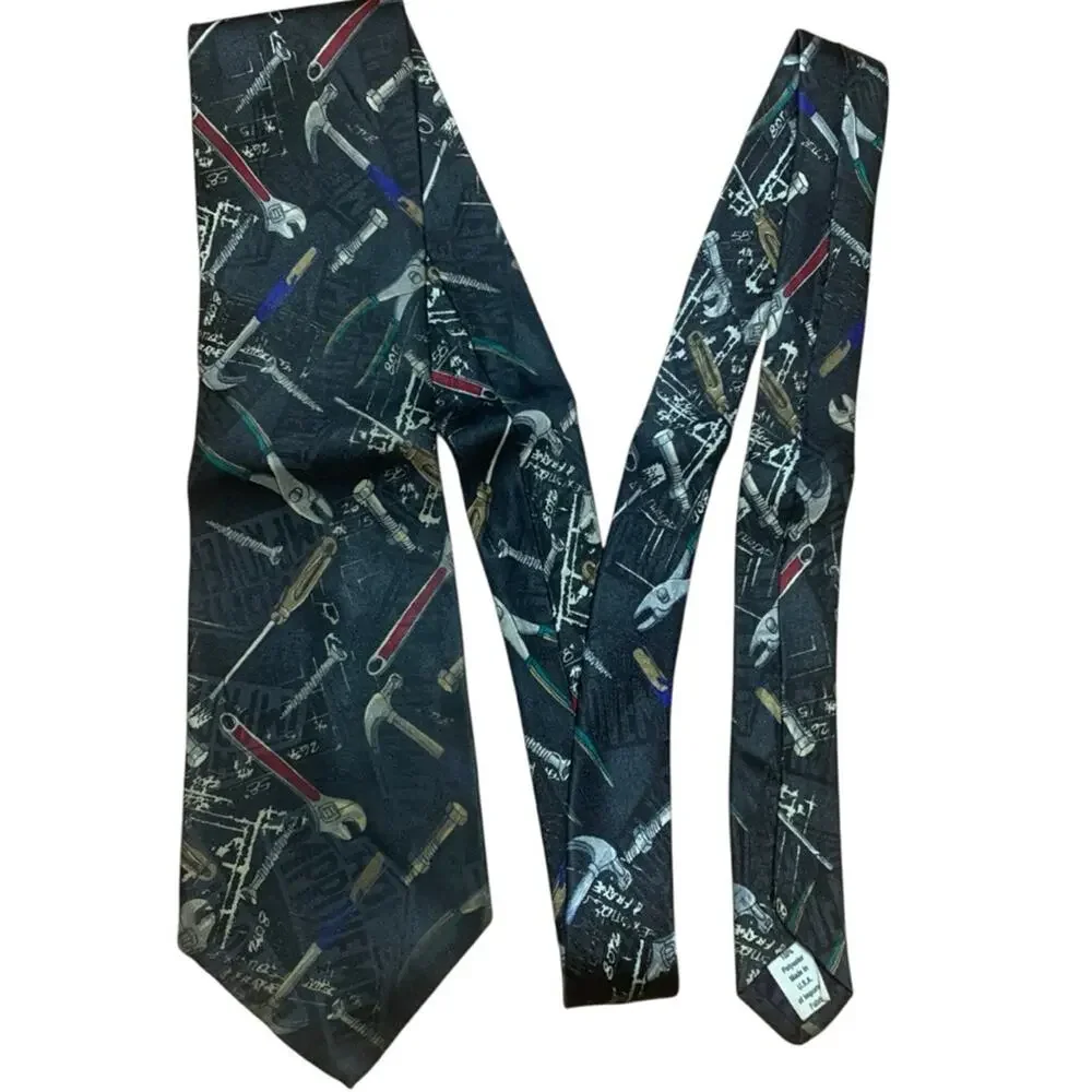 Vintage Home Improvement Men's Tool Patterned Tie -Black and Red